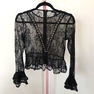 Long Sleeve Sheer Lace Top w/Ruffles and Grommets